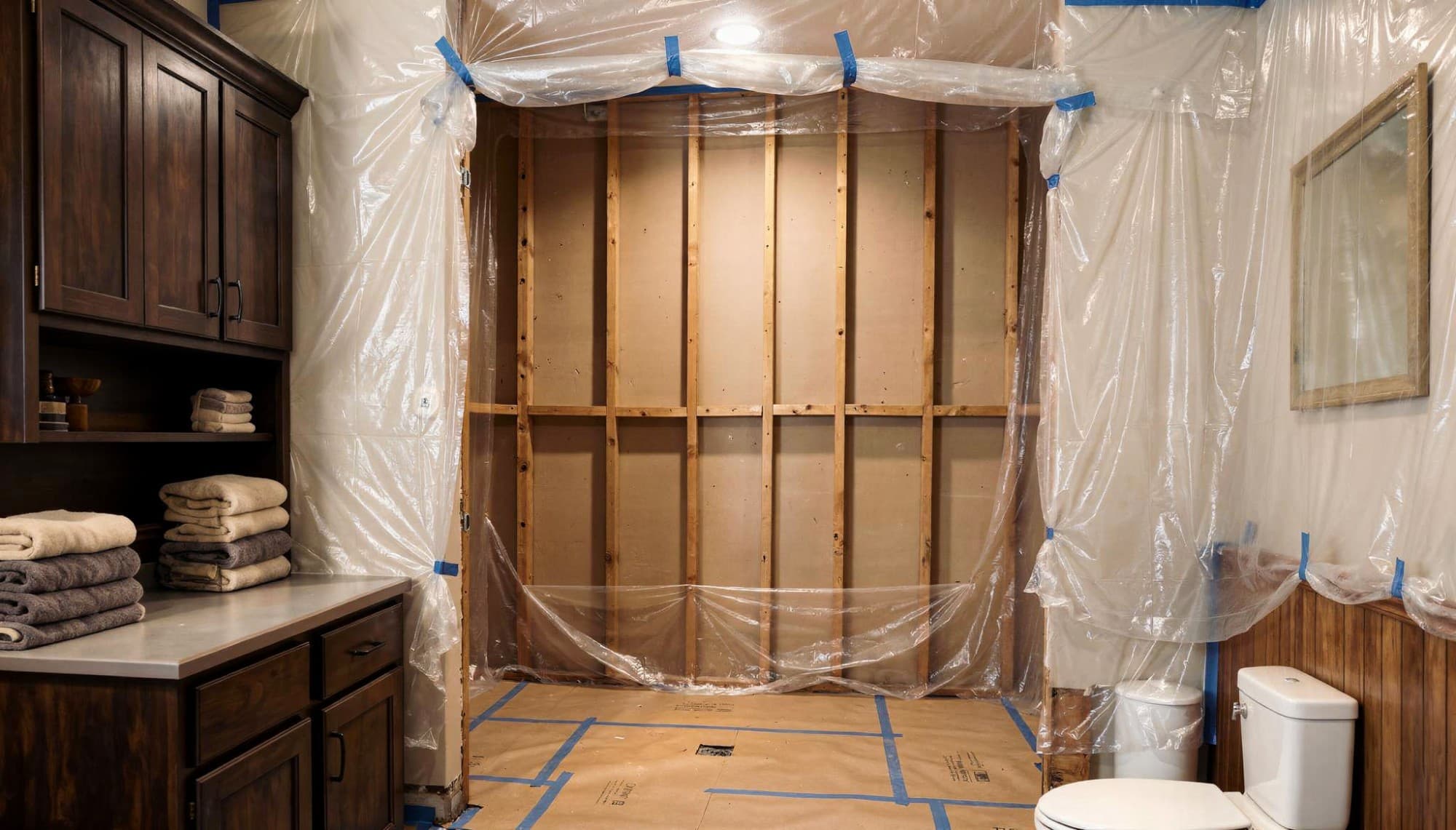 Bathroom during demolition with walls stripped to the studs and plastic dust protection