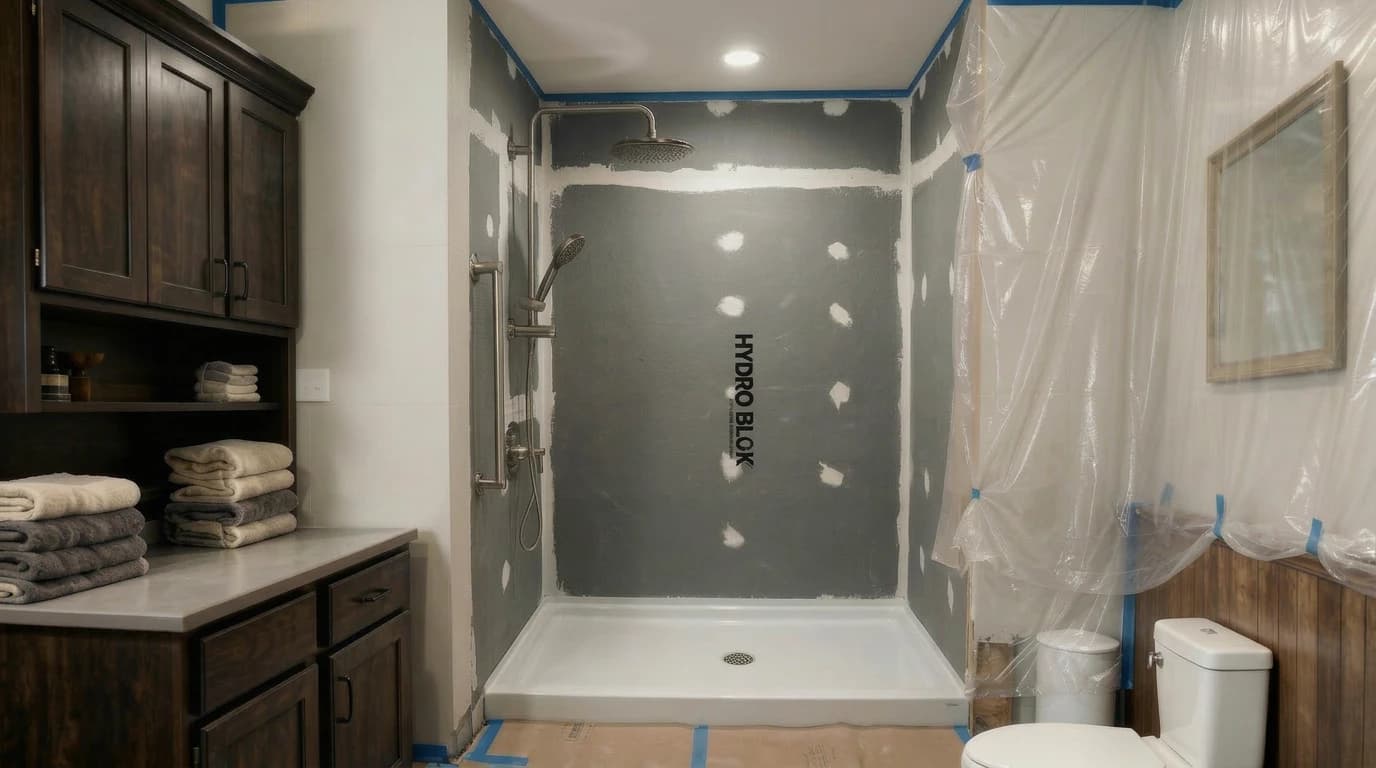 Waterproof backer board and new low-threshold shower pan installed