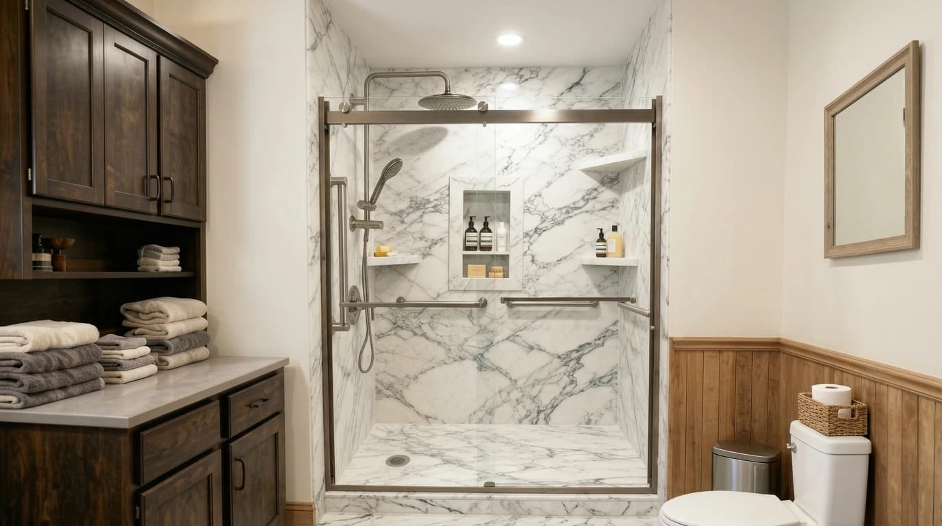 Finished walk-in shower with frameless glass doors, marble-look walls and rainfall shower head
